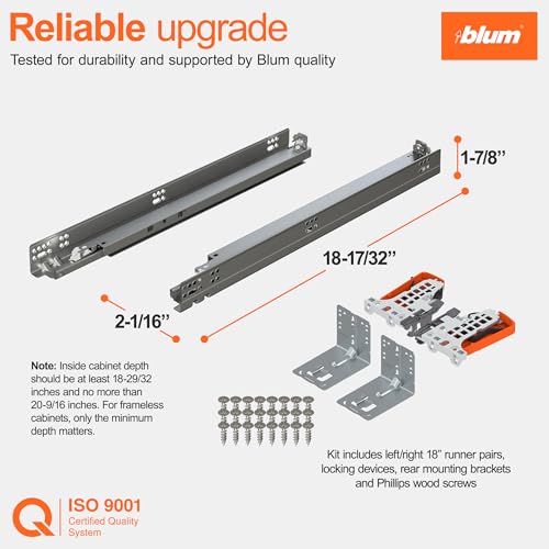 Blum Tandem Plus BLUMOTION Concealed Undermount Drawer Slides (Runners) Kit, 18-Inch, Full Extension, Soft-Close, Steel, 100 lb. Load Capacity for Wood Drawers (1 Kit) - size: 1 Kit