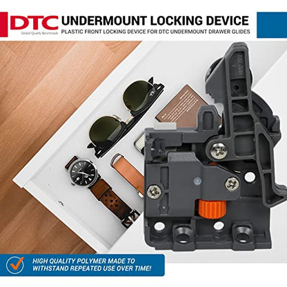 Pair of DTC Undermount Drawer Slide Plastic Front Locking Devices, Grey