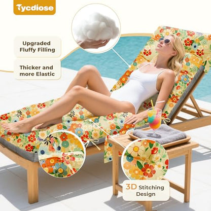 Outdoor Chaise Lounge Chair Cushion, 71 x 22 x 4.7 Inches Waterproof Chaise Lounge Cushions Replacement for Outdoor Furniture, Thickened Non-Slip Patio Lounge Chair Cushions, Daisy - color: Daisy