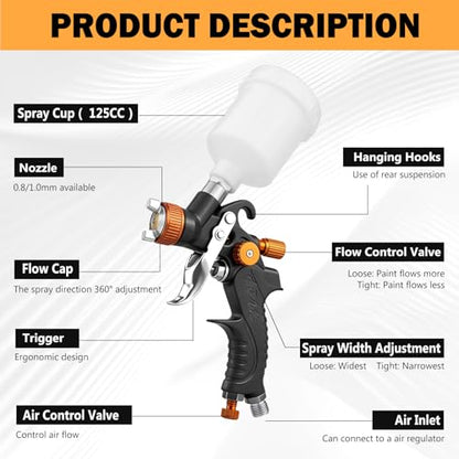 Mini HVLP Air Spray Gun with 0.8/1.0 mm Nozzles Touch UP Spray Gun - color: Orange