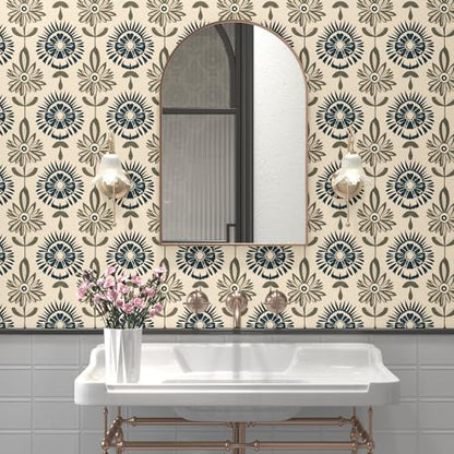 BOKEBEVE Boho Floral Peel and Stick Wallpaper Beige Blue 17.5 x 118In - color: Dark Beige/Blue/Green, size: 17.5" x 118"