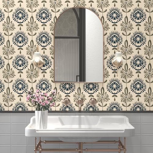 BOKEBEVE Boho Floral Peel and Stick Wallpaper Beige Blue 17.5 x 78.5In - color: Dark Beige/Blue/Green, size: 17.5" x 78.5"