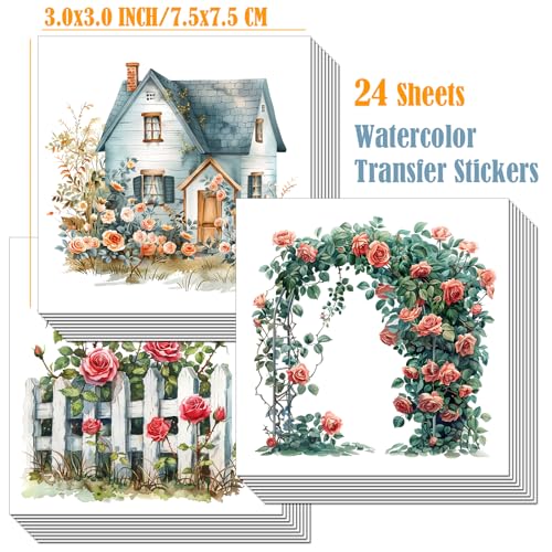 ZMRU 24 Sheets of Watercolor Style Rub on Transfers for Crafts - Perfect for Glass, Porcelain, Leather, Canvas, and Fabric Projects - IOD Transfers Included,3 * 3inch (Spring Rose) - style: Spring Rose