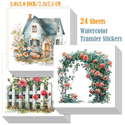 ZMRU 24 Sheets of Watercolor Style Rub on Transfers for Crafts - Perfect for Glass, Porcelain, Leather, Canvas, and Fabric Projects - IOD Transfers Included,3 * 3inch (Spring Rose) - style: Spring Rose