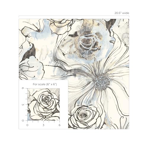 NextWall Harry & Grace Ink Rose Abstract Floral Peel and Stick Wallpaper (Blue Mist & Stoneware) - color: Blue Mist & Stoneware