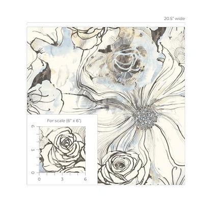 NextWall Harry & Grace Ink Rose Abstract Floral Peel and Stick Wallpaper (Blue Mist & Stoneware) - color: Blue Mist & Stoneware