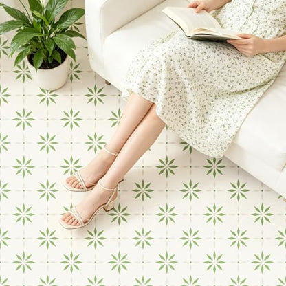 Peel and Stick Floor Tile, 7.9"x7.9" Vinyl Flooring for Bathroom Kitchen, Waterproof Non-Slip Durable Self-Adhesive Easy DIY Removable - color: green white