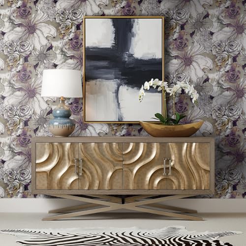NextWall Harry & Grace Ink Rose Abstract Floral Peel and Stick Wallpaper (Metallic Silver & Plum) - color: Metallic Silver & Plum