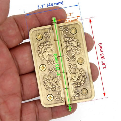 4 PCs Embossed Brass Hinges - Decorative Flap Hinges with Flower Patterns for Wooden Chest Trunck Cabinet Cupboard, Plate Length 2.6" (65 mm)