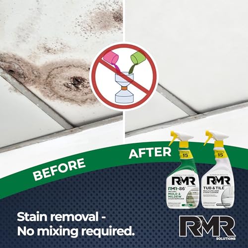 RMR Complete Mold & Mildew Stain Eraser System – No-Scrub Tub & Tile Cleaner + Instant Mold & Mildew Stain Remover Spray, Indoor/Outdoor Bathroom, Shower, Siding, & Deck Cleaning Kit, 2–32 Oz Bottles