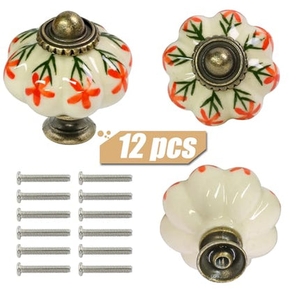 12pcs Ceramic Pumpkin Knobs - Orange Flower - style: Orange Flower
