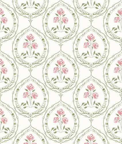 Boho Floral Peel and Stick Wallpaper Green and Pink Self Adhesive Wallpaper - color: Green and Pink