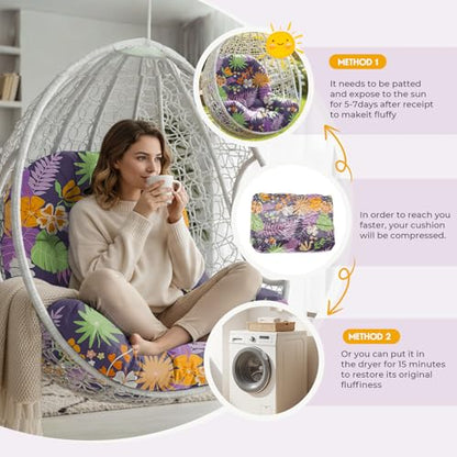 Hanging Egg Chair Cushion 47x35x7 Inches Waterproof Purple Flowers - color: 2#