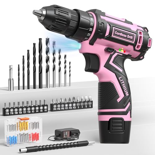 Pink Cordless Drill Set, Electric Power Drill for Women, Lightweight Electric Screwdriver Driver with Battery & Charger, 3/8" Keyless Chuck, Womens Tool Kit for Home DIY Projects - color: Pink