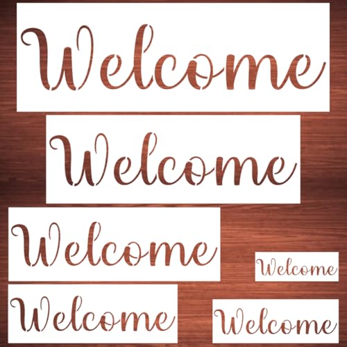 Large Welcome Stencils for Painting - 6 Pack Welcome Stencil Templates for Painting on Wood, Reusable Letter Stencils for Chalkboard Wood Crafts Signs & Home Front Door Mat Decorations - style: Welcome Horizontal