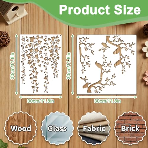 5Pcs Stencils for Crafts Reusable,Tree Leaf Vine Stencils for Painting on Wood, Large Bird Branches Wall Stencil, Leaf Stencil for Painting Wall Furniture Canvas Floor Home Decor