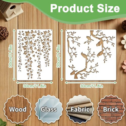 5Pcs Stencils for Crafts Reusable,Tree Leaf Vine Stencils for Painting on Wood, Large Bird Branches Wall Stencil, Leaf Stencil for Painting Wall Furniture Canvas Floor Home Decor