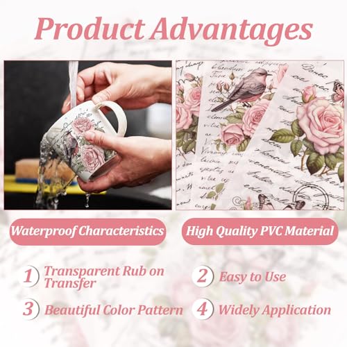 WANDIC Retro Rub On Transfer Stickers, 6 Sheets Pink Retro Flowers Rub on Decals Rose Stickers with Letters Waterproof Furniture Stickers for DIY Home Scrapbooking Windows Crafts,12 * 6in - color: Pink Flower, size: 6 Sheets