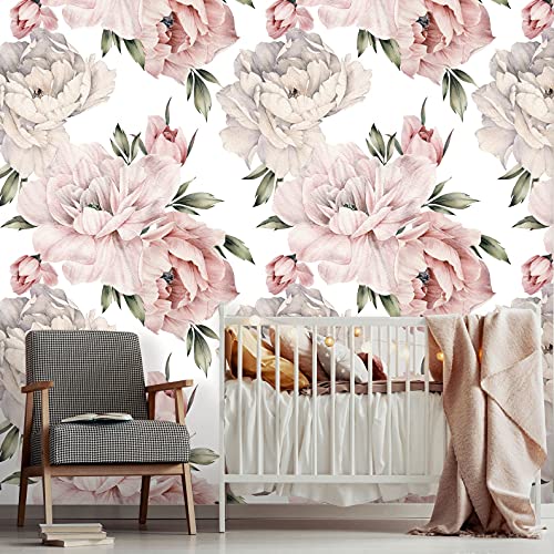 Watercolor Peonies Peel and Stick Wallpaper | Removable Floral Wallpaper | Self Adhesive Peony Large Mural | Blush Nursery Wallpaper (Sample 12" W x 8" H) - size: SAMPLE 12"W x 8"H