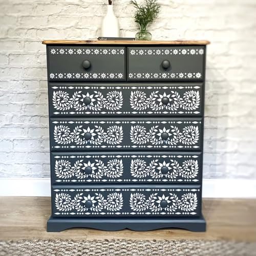 Inlay Border Stencil Set – Pack of 7 Reusable Boho Indian Pattern Stencils for Wood, Wall, Fabric, and Furniture Painting