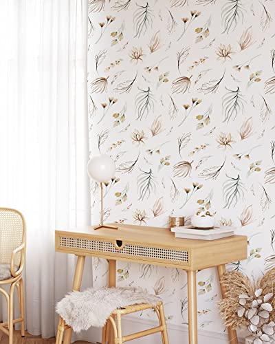 Modern Botanical Wallpaper | Removable Self Adhesive Watercolor Wallpaper | Neutral Floral Peel and Stick (1 roll 24" W x 60" H) - size: 24" x 60"