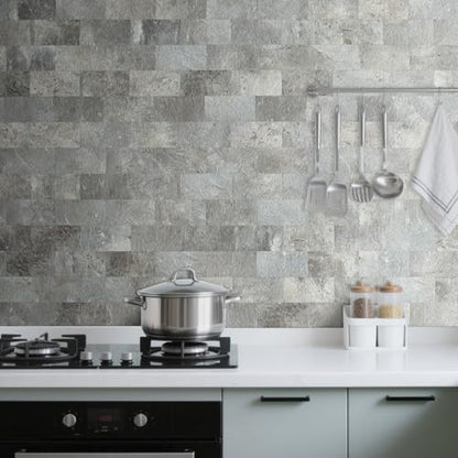 AULIGET 100 Piece Mountain Rock Peel and Stick Backsplash Wall Tiles, 3" x 6" PVC Faux Stone Stick on Tiles for Backsplash Kitchen, Bathroom, Laundry Room, Camper, Fireplace - color: Mountain Rock