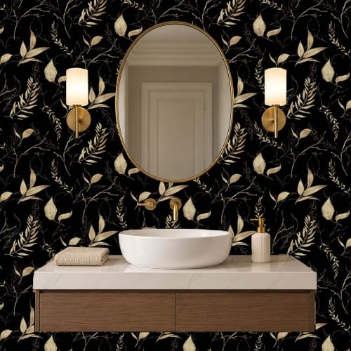 Dark Black and Gold Leaf Peel and Stick Wallpaper 17.7" x 124" - color: Black&Gold, size: 17.7" x 124"