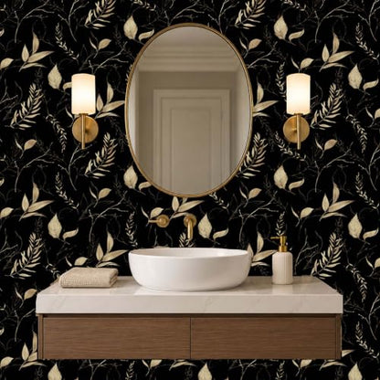 Dark Black and Gold Leaf Peel and Stick Wallpaper 17.7" x 124" - color: Black&Gold, size: 17.7" x 124"