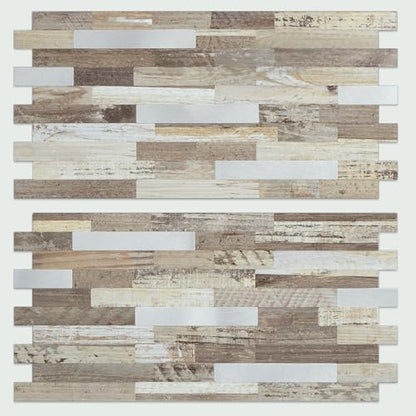AULIGET Peel and Stick Backsplash, Beige Wood Look PVC Mixed Metal Stick on Bathroom Backsplash, 2 - color: Beige Wood + Metal Silver, size: 2 Sheets, 6"x12"x0.12"