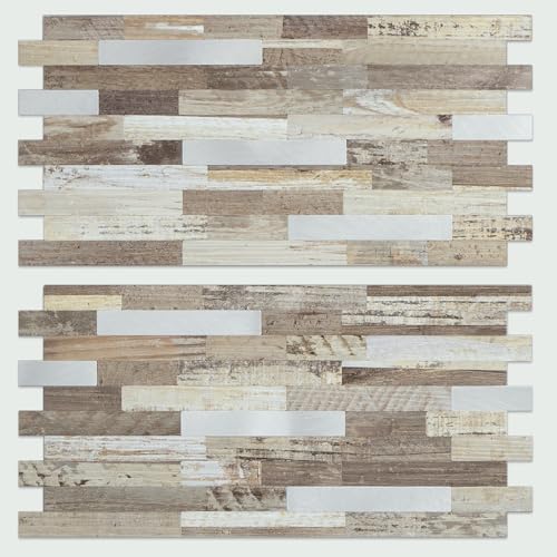 AULIGET Peel and Stick Backsplash, Beige Wood Look PVC Mixed Metal Stick on Bathroom Backsplash, 2 - color: Beige Wood + Metal Silver, size: 2 Sheets, 6"x12"x0.12"