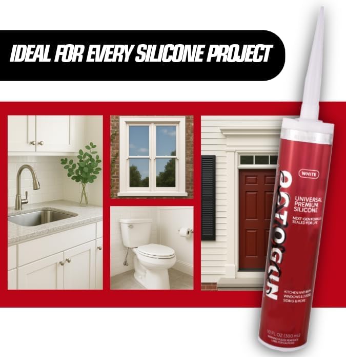 Octogun™ Universal Premium Silicone x2 Pack – All-Purpose Waterproof Sealant for Bathroom, Kitchen, Shower, Window & Door – Low Odor, Flexible & Long-Lasting – 10.1 fl oz -White, Silicone, Caulk - size: 2 -Pack