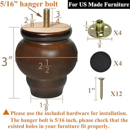 Furniture Legs, Wood Sofa Legs, Turned Couch Legs, Round Furniture Feet for Dresser, Sideboard, Recliner, Coffee Table (Dark Brown, 3 inch) - size: 3 inch
