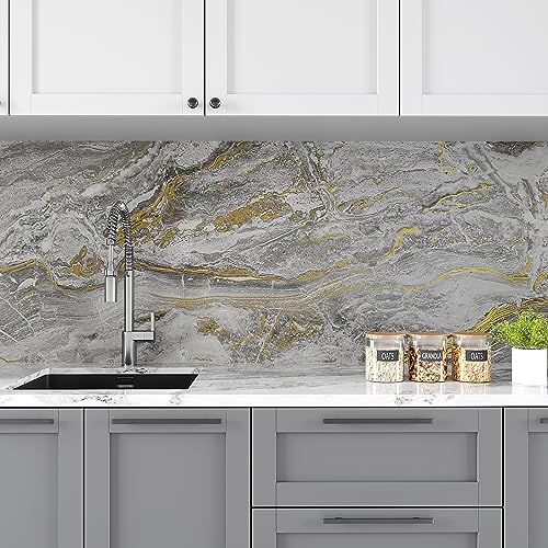 VEELIKE 32''x354'' Wide Matte Grey Gold Liquid Marble Countertop Contact Paper Waterproof Kitchen Countertop Peel and Stick Marble Wallpaper Peel and Stick Countertop Vinyl for Bathroom Table Walls - size: 32" x 354"