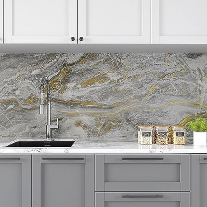 VEELIKE Wide 32''x118'' Grey Gold Liquid Marble Contact Paper for Countertops Waterproof Peel and Stick Countertops Matte Marble Wallpaper for Kitchen Countertop Vinyl Wrap for Bathroom Tabletop - size: 32" x 118"