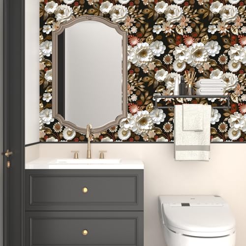 Laatse Dark Gold Floral Wallpaper Peel and Stick 17.5" × 118" - color: White/Gold, size: 17.5" x 118"