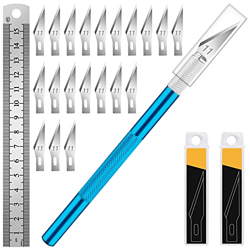 DIYSELF Precision Hobby Knife Set with 20#11 Blades, 6-Inch Metal Ruler - color: Blue-20pcs