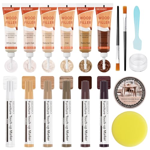 Wood Furniture Repair Kit - 6 Oak Color Wood Fillers with 6 Touch Up Markers and Wood Polish Wax for Wooden Stains, Scratch Repair, Cracks, Perfect for Laminate, Cabinet, Tables, Oak, Walnut