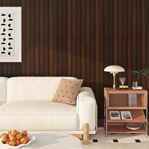 FunStick 36"x200" Dark Brown Slats Wood Peel and Stick Wallpaper Faux 3D Walnut Wood Slats Wall Paper Decor for Bedroom Bathroom Living Room Walls Shelves Removable Wood Grain Contact Paper Waterproof - size: 200" x 36"