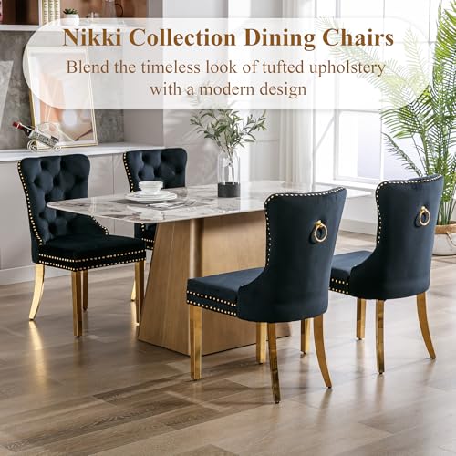 Black Velvet Dining Chairs Set of 2, Elegant Tufted & Nailhead, Gold Legs - color: Black, Golden Steel Leg, size: set of 2