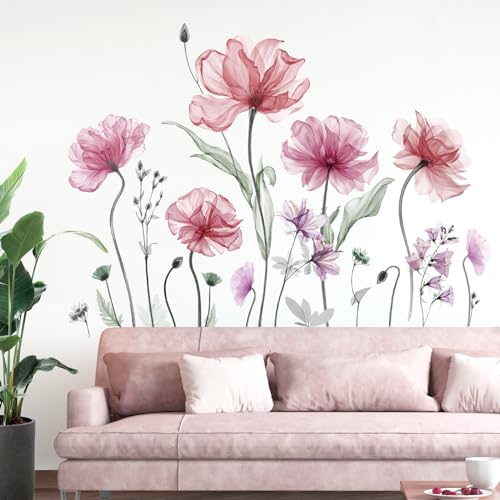 decalmile Poppy Flower Pink Floral Blossom TV Wall Decals Stickers