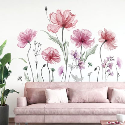 decalmile Poppy Flower Pink Floral Blossom TV Wall Decals Stickers