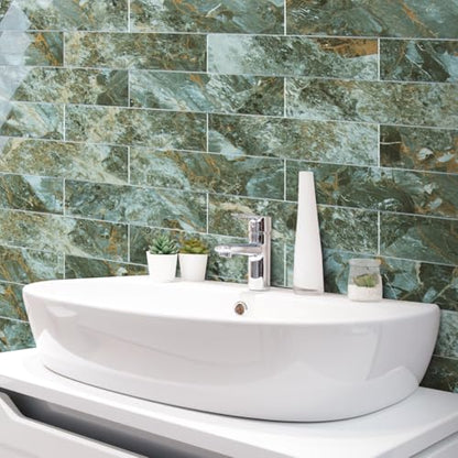 AULIGET 4-Piece Polished Green Marble with Gold Peel and Stick Backsplash Wall Tiles, 3" x 12" PVC Faux Stone Stick on Tiles for Backsplash Kitchen, Bathroom, Laundry Room, Camper, Fireplace - color: Polished Green Marble & Gold, size: 4 Pieces, 3"x12"x0.