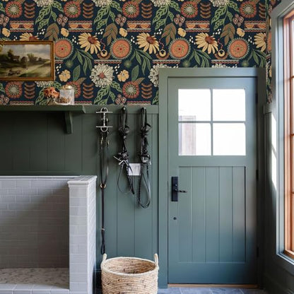 Simon&Siff Boho Sun Floral Retro Peel and Stick Wallpaper 17.3" x 1200" - color: Blue, size: 17.3" x 1200"