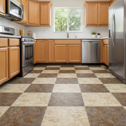 Peel and Stick Floor Tile 12 x 12 Inch Self Adhesive Marble Vinyl Flooring - color: Travertine Mix