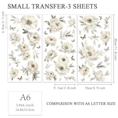 OLYCRAFT 3pcs/Set Ivory Flowers Rub on Transfers for Furniture and Crafts 6x12 inch White Flowers Furniture Decals Flower Theme Transfer Stickers Rub on Decals for Wood Furnitures Home Decor - style: Ivory Flower