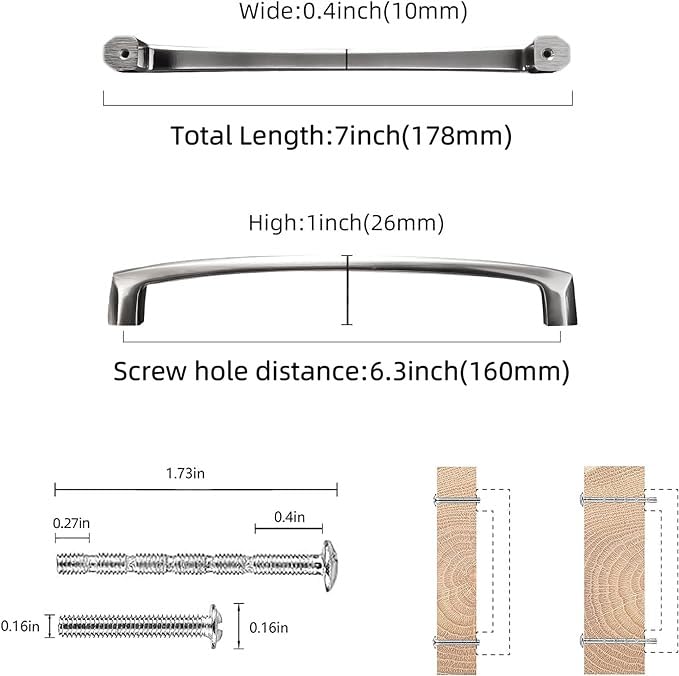 COTYKILEY 10 Pack 6-1/4 Inch(160mm) Brushed Satin Nickel Kitchen Cabinet Handles Silver Cabinet Pulls Cabinet Door Handles Kitchen Cabinet Hardware - color: Brushed Satin Nickel, size: 6-1/4" Hole Center（160MM）