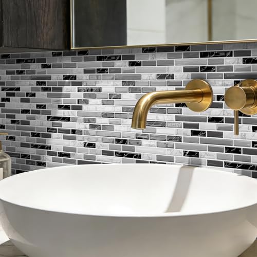 URCOLOR 10-Sheet Peel and Stick Backsplash Tile for Kitchen - 12”×12” Stick on Wall Tile for Bathroom, Black White Grey - color: Black White Grey