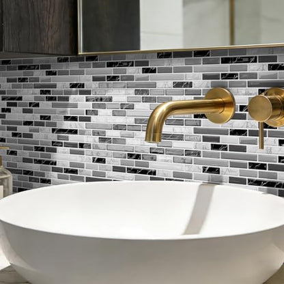 URCOLOR 10-Sheet Peel and Stick Backsplash Tile for Kitchen - 12”×12” Stick on Wall Tile for Bathroom, Black White Grey - color: Black White Grey