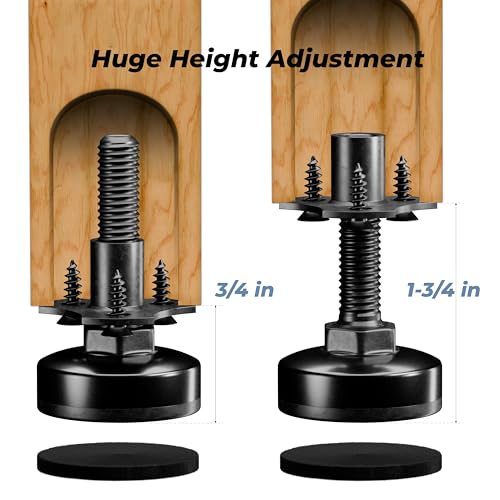 HUASAI 3/8”-16 Thread Furniture Leveling Feet, 4 Pack Adjustable Furniture Levelers Kit with T-Nuts, Heavy Duty Screw-On Feet, 330 LBs per Foot, for Chairs, Cabinets, Uneven Floors