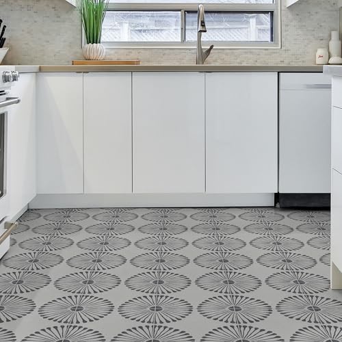 16-Sheet Peel and Stick Floor and Wall Tile, 9" x 9" Gray Stone Composite Self Adhesive Vinyl Flooring, Patterned Flower Groutable Backsplash Tile for Kitchen Bathroom Shower - color: Gray